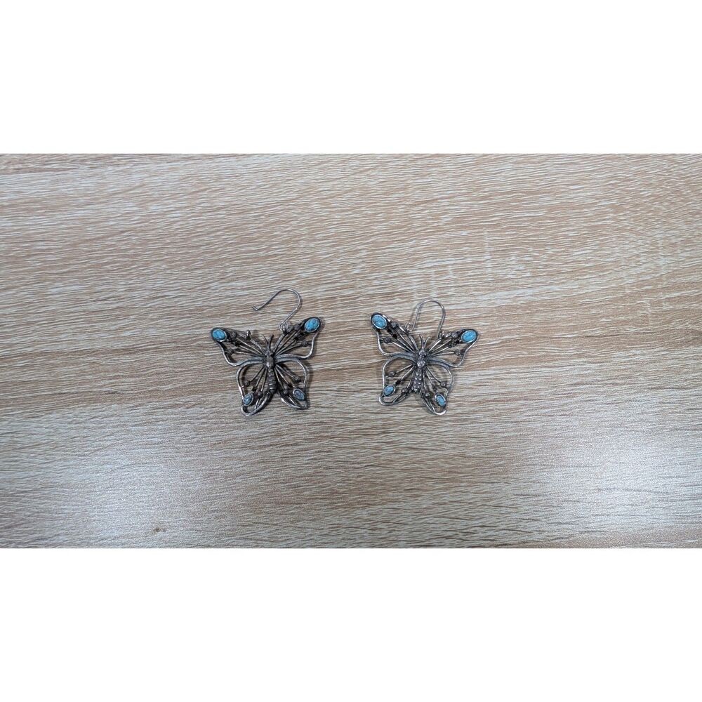 Vintage Silver Tone Butterfly Dangle Earrings with Turquoise Stones